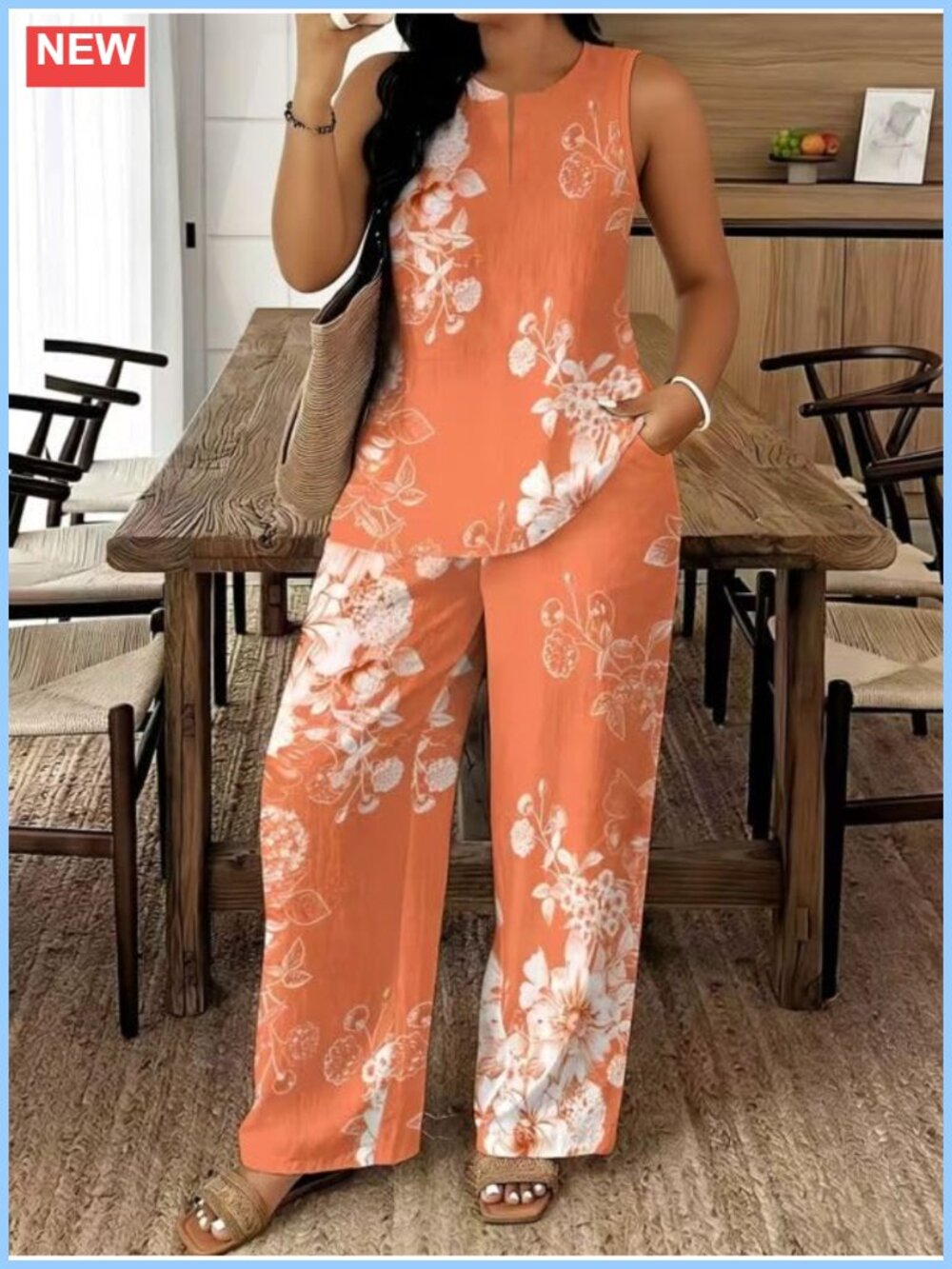 Women Sleeveless Floral Print Pocket Tunic Wide Leg Pant Two Piece Set Boho